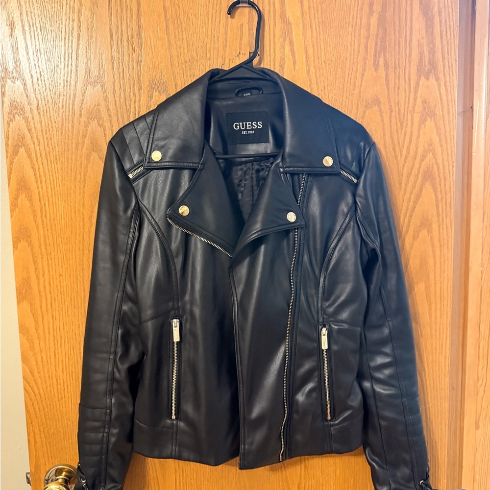 Guess Women's Black Leather Jacket with Gold Accents
